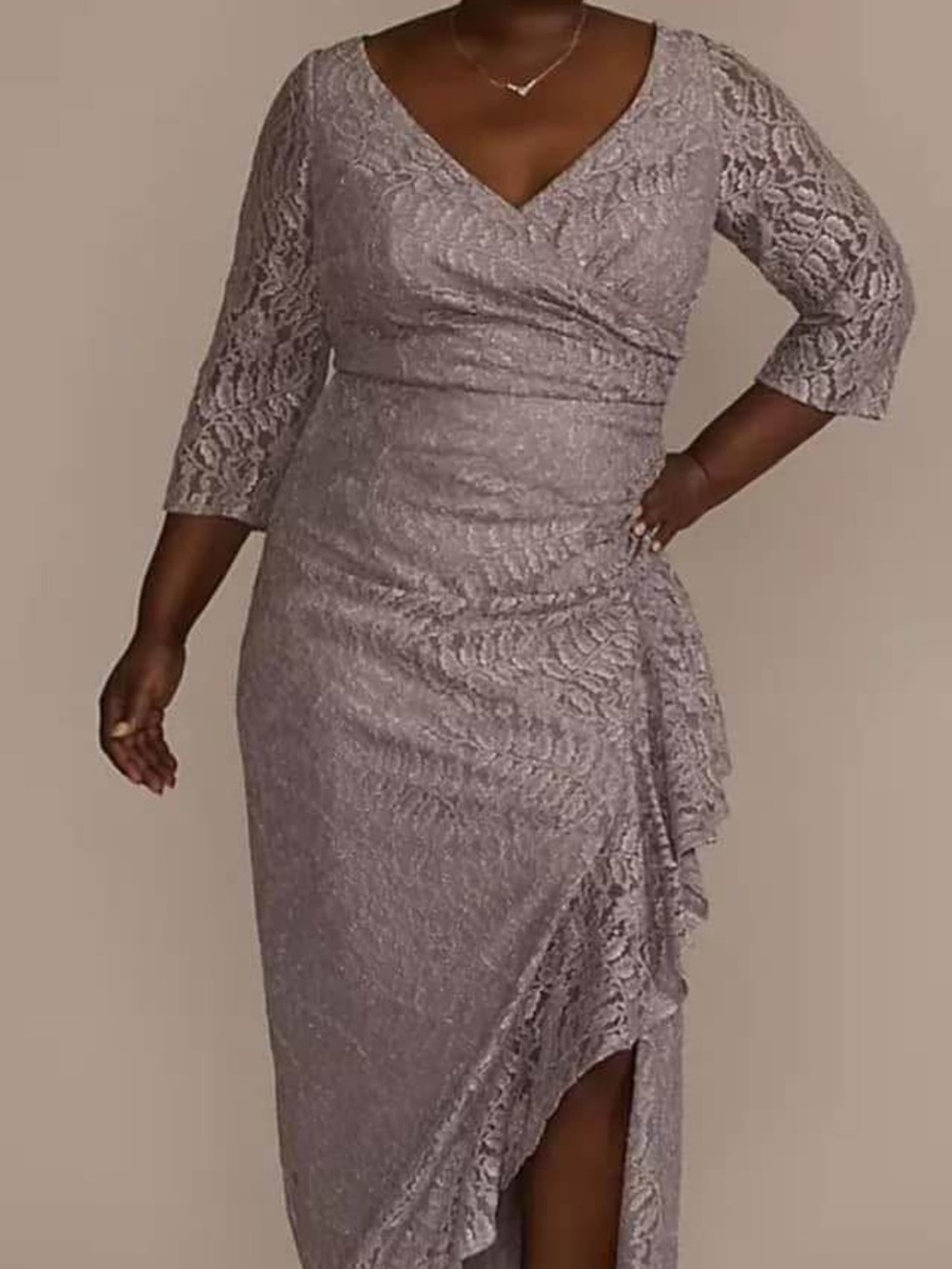Three-Quarter Sleeve Glitter Lace Ruffle Sheath